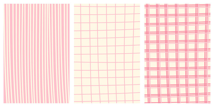 Three pink patterned backgrounds with stripes and grids, vector pastel valentine bg. Whimsical coquette retro, vintage hand drawn abstract pastel pink backgrounds.