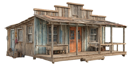 Old Western Wooden Cabin with Porch and Furniture