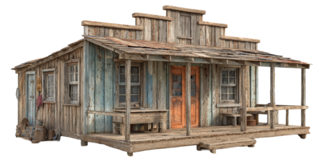 Old Western Wooden Cabin with Porch and Furniture