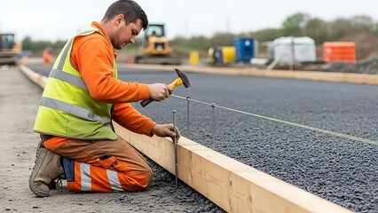 Groundworker in orange safety hi vis trousers fixing a timber along string line with steel pin to form a kerb riser and a straight edge for tarmac road surface during new road construction
