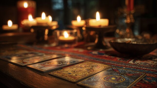Tarot or mystical cards on a table with candles