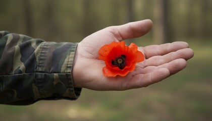 A hand holds a red poppy, offering a symbol of remembrance, against a blurred forest backdrop