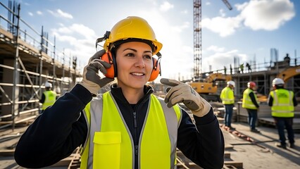Female builder in bright yellow safety gear demonstrates hearing protection equipment on a construction site