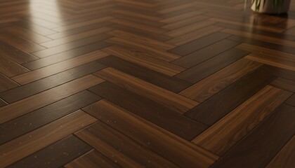Close-up of glossy, dark brown wooden parquet flooring in a herringbone pattern