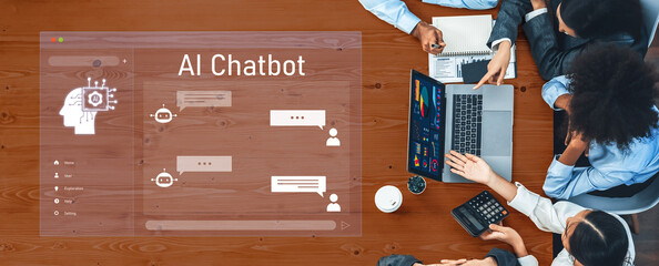 A diverse team collaborates on AI chatbot development, utilizing digital tools and interfaces for data analysis and enhancing user interactions. Ideal for tech-focused projects. Trope