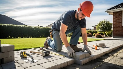 Construction Worker Laying Concrete Pavers in Residential Area During Day