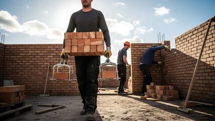 Bricklayers bringing bricks close to his place of work using brick lifters
