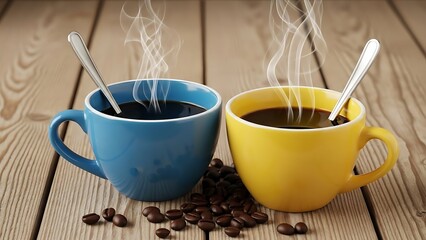 Blue and yellow cups of coffee, spoons, coffee beans on a wooden background