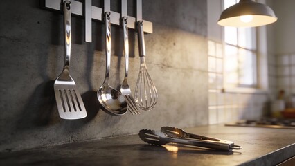 Clean organized kitchen tools and gadgets on dark countertop in contemporary kitchen