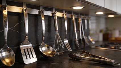 Set of modern stainless steel kitchen utensils hanging neatly on magnetic wall strip