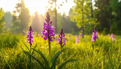Purple wildflowers bloom in a sun-drenched meadow, with a forest backdrop