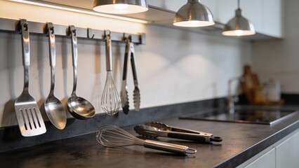 Kitchen utensils: stainless steel shine, perfect order
