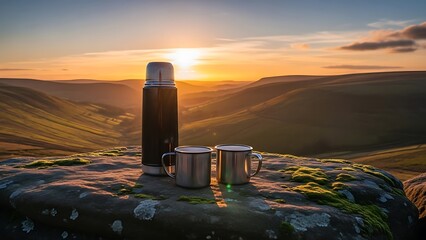 Thermos and mugs on the mountain in the peak district at sunset. Travel Lifestyle concept. Local tourism concept.
