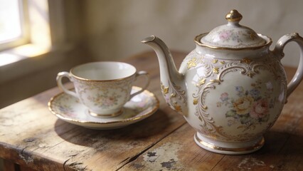 Classic ancient china service with gold trim displayed elegantly in warm interior setting