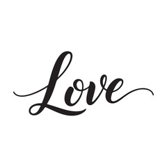 Black cursive love word on white background