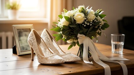 Beautiful bridal fashionable wedding white high heels shoes, and a bridal bouquet on a desk at home. Wedding