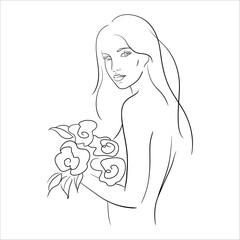 Line Drawing of a Girl with Flowers
