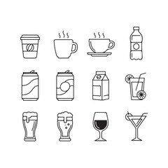 Black line of various drinks on white background drink beverage line coffee cup