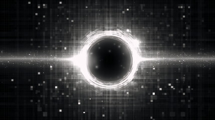Black hole rendered in pixel style on digital space background