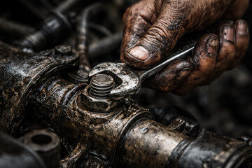 Greasy mechanic hand using wrench on dirty engine bolt, close-up industrial repair and maintenance work with grit, oil and metal texture, generative AI