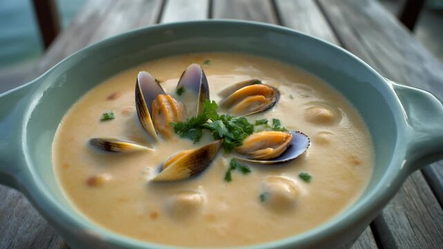 Close-up shot of a bowl of creamy clam chowder with mussels and herbs on a rustic wooden table.