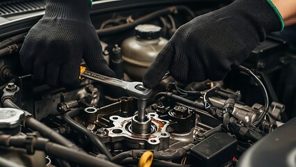 Hand of Man wearing black gloves repairing a car
