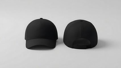 two black baseball caps one facing forward and one backward