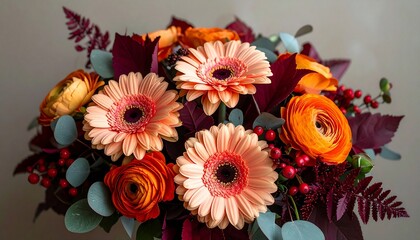 Close-up of a vibrant bouquet with peach gerberas, orange ranunculus, and rich burgundy foliage