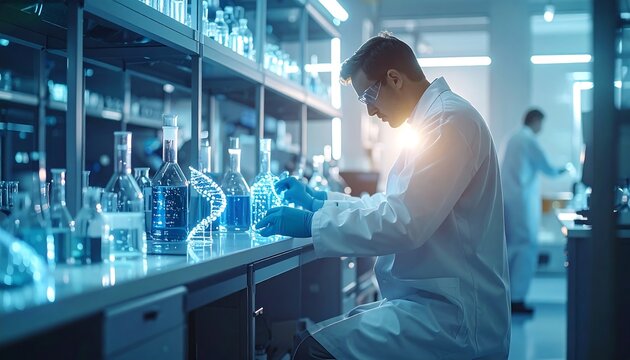 Scientist in Lab: A dedicated scientist meticulously conducts research in a state-of-the-art laboratory, surrounded by beakers and advanced scientific equipment.