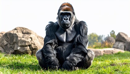 A majestic silverback gorilla sits regally, gazing forward on a grassy knoll