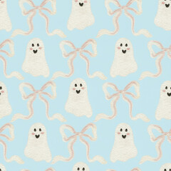 Cute ghost illustrations with pink bows on light blue background