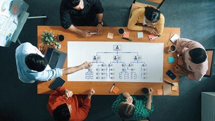 A group of diverse professionals engage in a brainstorming session with sticky notes and a flowchart on the table, illustrating collaborative project planning in a modern office. Raster
