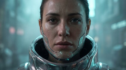 Closeup portrait of woman in metallic high-tech collar suit. Emotional teary eyes in futuristic cyberpunk setting. Sci-fi concept of space exploration and advanced technology in neon-lit environment.