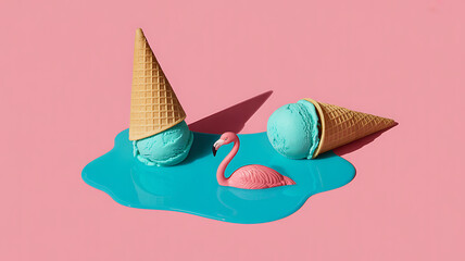 Surreal Melting Ice Cream Cones with Pink Flamingo on Pastel Background