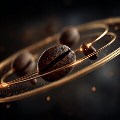 Coffee beans floating in circular orbit on dark background