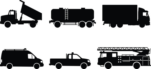Utility vehicle silhouette set, 6 black vector icons of dump truck, tanker, box truck, van, pickup, and fire truck © MdMahmudul