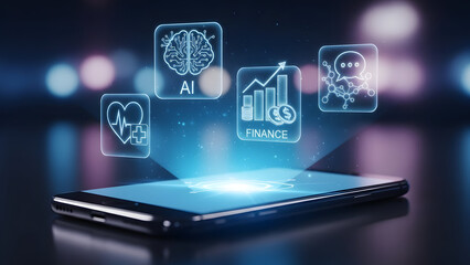 Smartphone projecting holographic icons of AI, finance, health, and communication, soft glowing light blur background