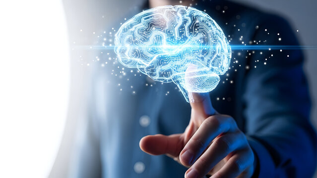 man touching a floating AI brain hologram, glowing circuits, soft white and blue light blur background, - Powered by Adobe