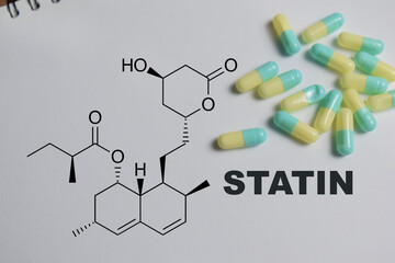 Concept of chemical structure statin write on book isolated on Wooden Table.
