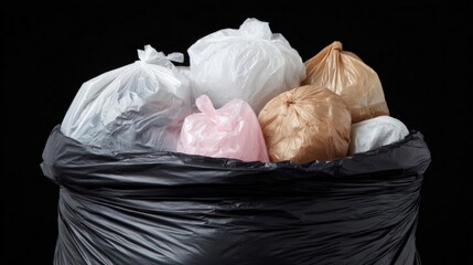 Black garbage bag filled with various types of garbage. there are six bags in total, three of which are white, one is pink, and one is beige.