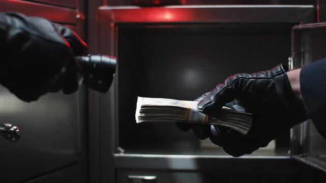 The pictures of the safe robbery, the overnight theft.Cinematic depiction of a hidden robbery under red lighting, A dramatic night scene showing how thieves steal money