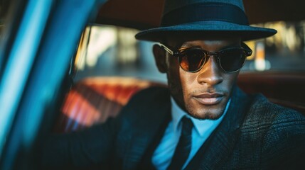 A man sits in a vintage car wearing sunglasses and a hat. The interior is classic with a bright background. The setting captures a stylish moment on a sunny day.