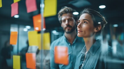 Two people are standing in an office area. They are looking at colorful sticky notes on a glass wall. It appears to be a brainstorming session taking place.