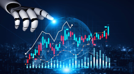 A robotic hand reaches towards dynamic stock market data, illustrating the intersection of technology and finance in a modern digital landscape. Scalp