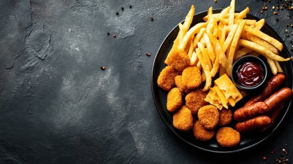 A plate contains breaded chicken nuggets sausage links melted cheese and golden fries accompanied by a small bowl of ketchup. The setting showcases a black surface.