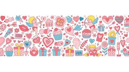 Seamless vector illustration set featuring pink floral patterns and heart symbols for a spring nature celebration easter greeting or happy birthday card design