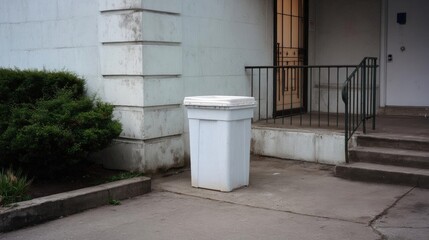 Naklejka premium White trash can on the sidewalk in front of a building. the building appears to be old and dilapidated, with peeling paint and crumbling walls.