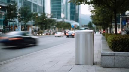 Modern city street with tall buildings on both sides. in the foreground, there is a silver trash can on the sidewalk. the trash can is cylindrical in shape and appears to be made of stainless steel.