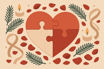 Pieces winter branches composition vector puzzle flat pine candles heart serenity illustration