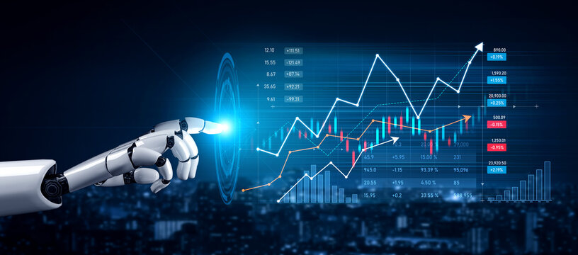 A robotic hand engages with a digital financial chart, showcasing trends and analytics in a high-tech environment, symbolizing the future of business intelligence. Scalp - Powered by Adobe